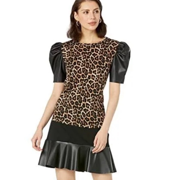 MICHAEL Kors Knit Jersey Cheetah Print Short Puff Sleeve Nubian Leather Top - Picture 6 of 11